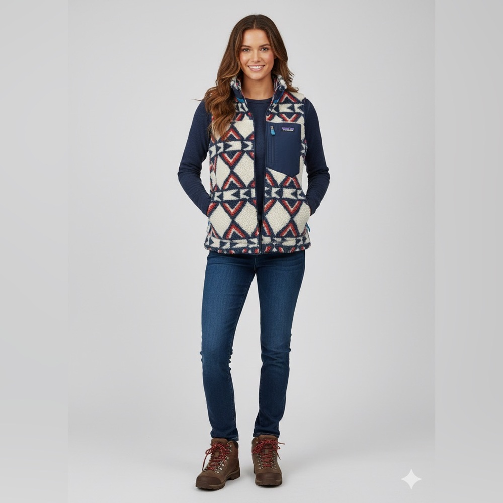 Patagonia Geometric Fleece Vest in Navy and Cream